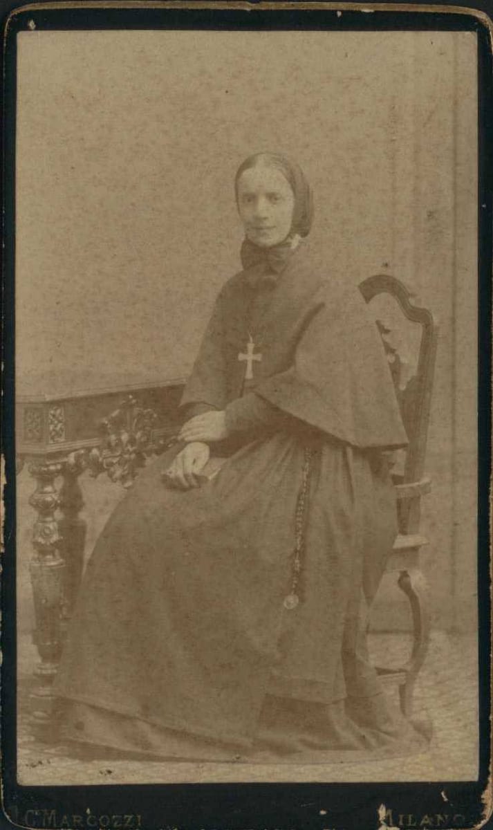 A studio half-length photograph of St. Frances Xavier Cabrini at the age of thirty, made at Milan in 1880 AD.