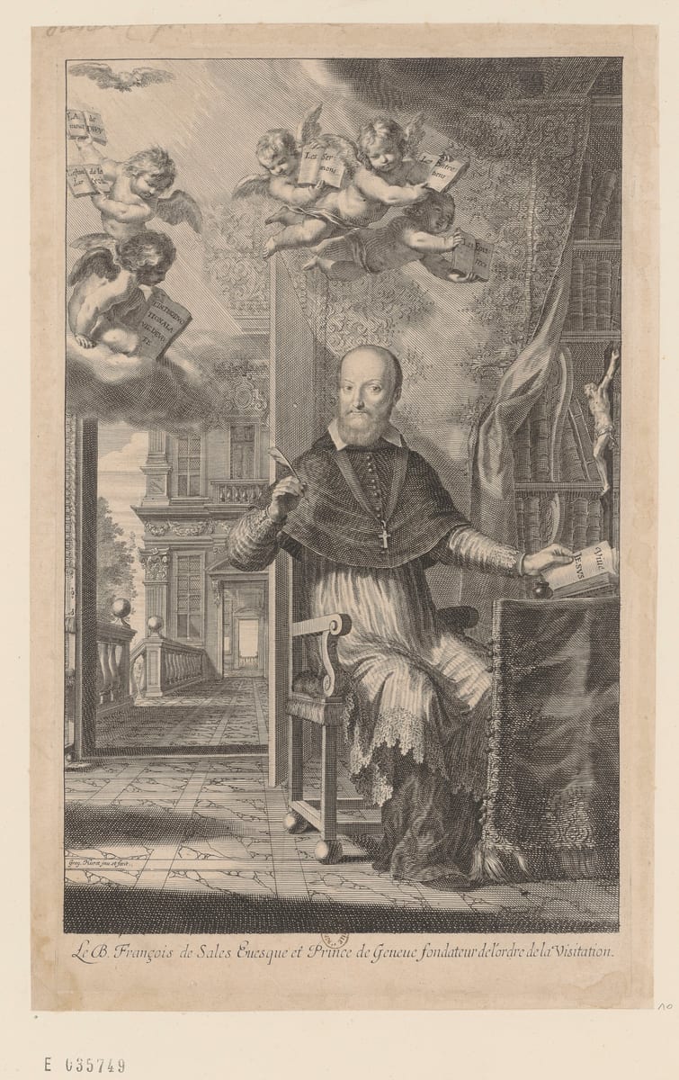 An engraving shows St. Francis de Sales seated at his desk with a quill in his right hand and his left hand on an open book, while putti above carry books lettered with the titles of his works.