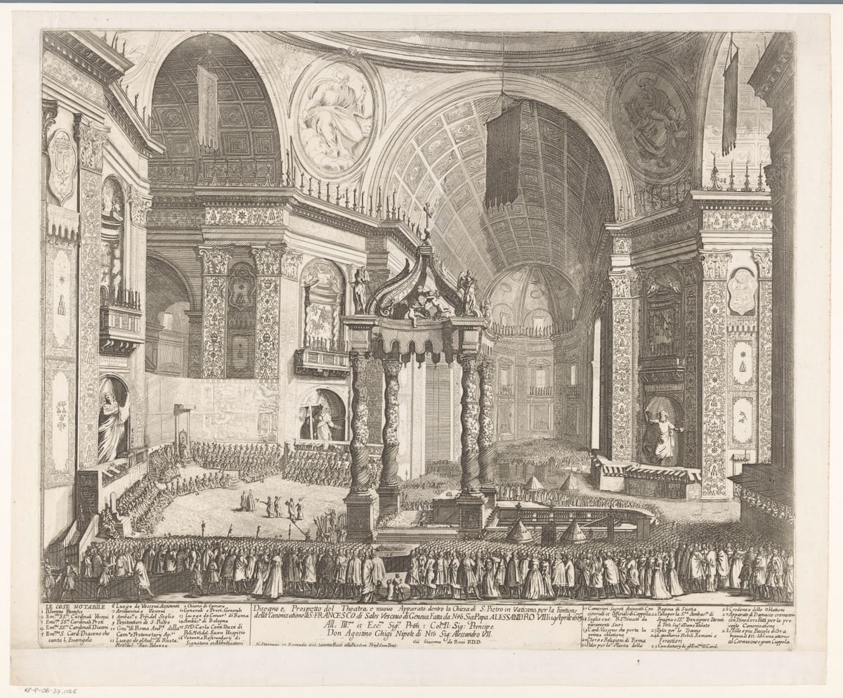 An etching shows the choir of St. Peter's dressed for the canonization of 1665 AD, with Bernini's baldacchino at the centre, the Pope enthroned at left and tiers of clergy and faithful set out around them.