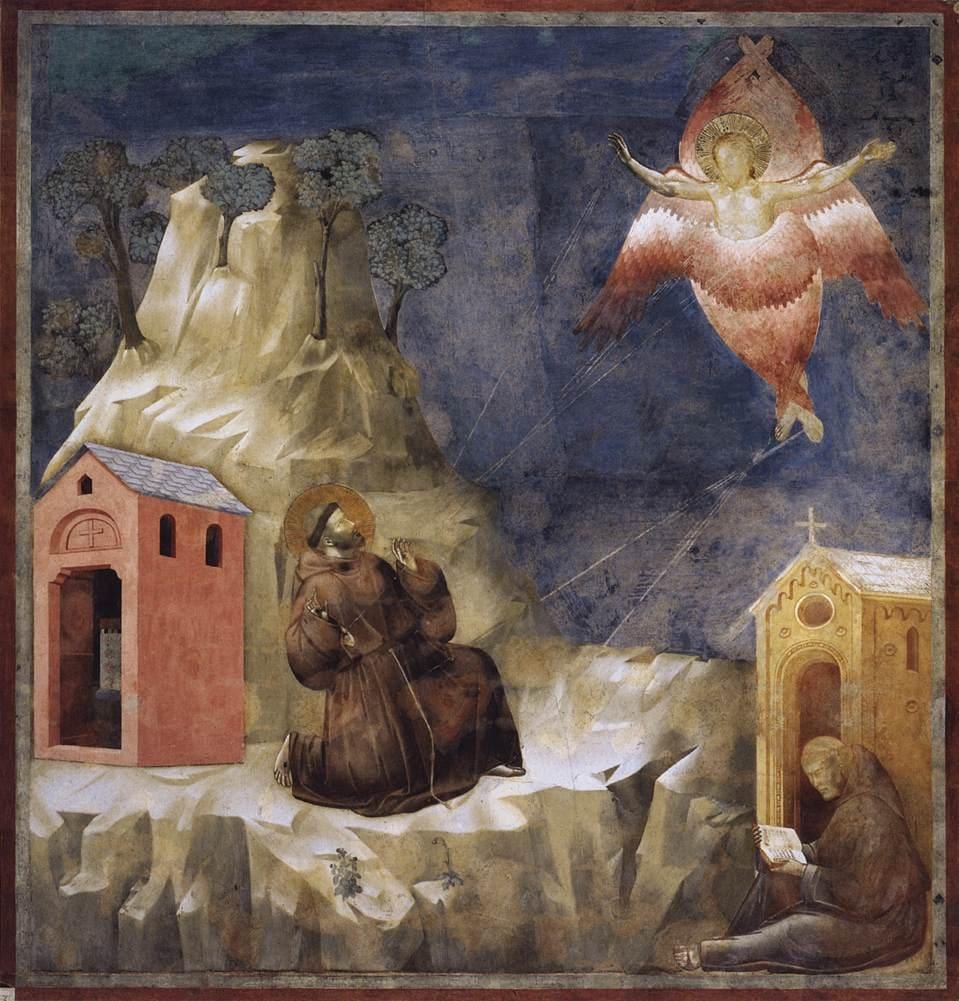 St. Francis kneels on the bare rock of La Verna with his head lifted as a six-winged crucified seraph appears above him and rays strike his hands, feet and side, while Brother Leo sits reading below.