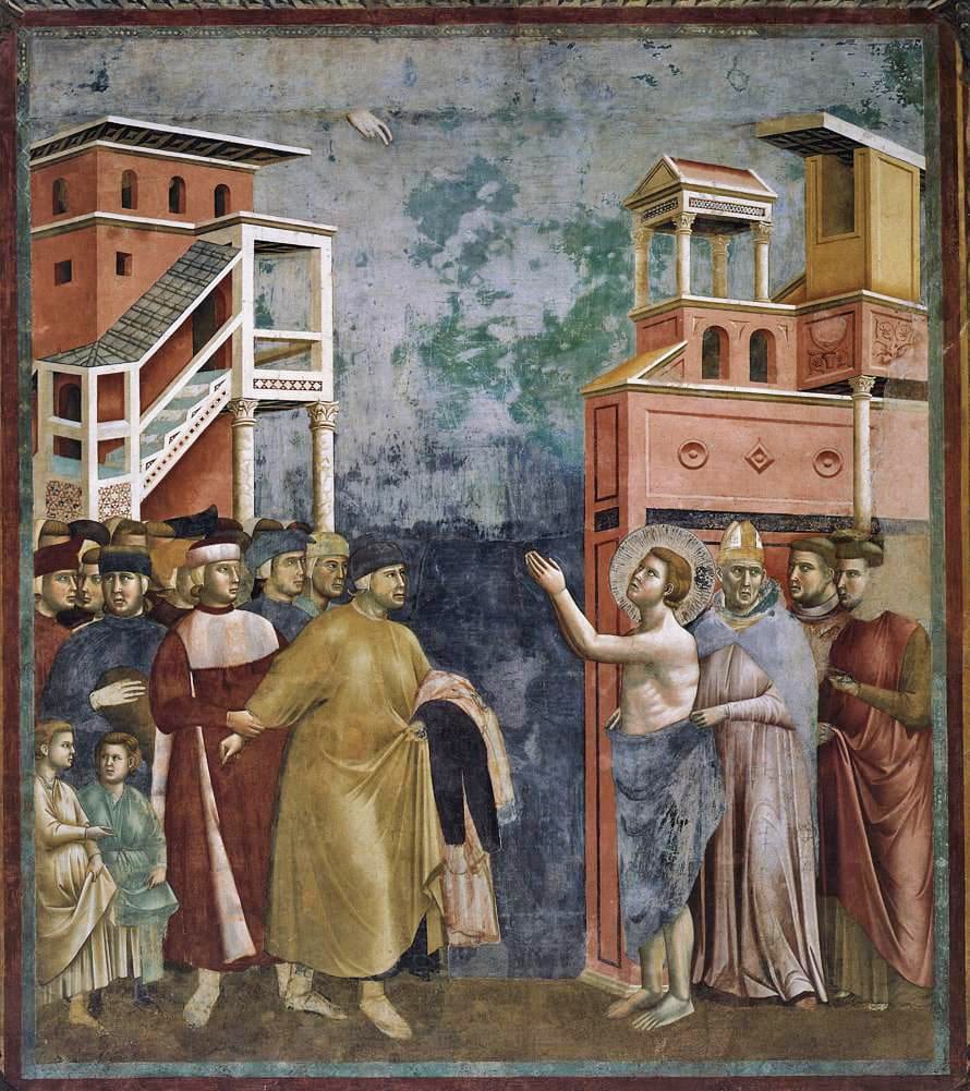 St. Francis stands stripped in the bishop's court at Assisi with his hands joined, Bishop Guido drawing his own mantle round him, while Pietro Bernardone is held back on the left with the folded clothes over his arm.