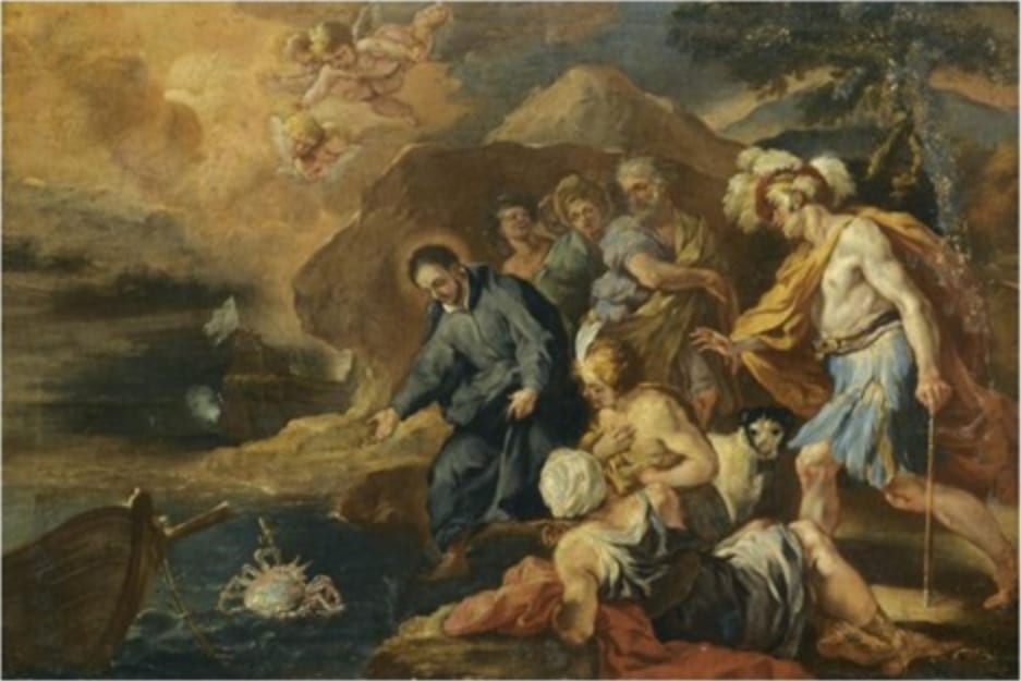 A late seventeenth-century painting shows a crab bringing a crucifix out of the sea to St. Francis Xavier on the shore.