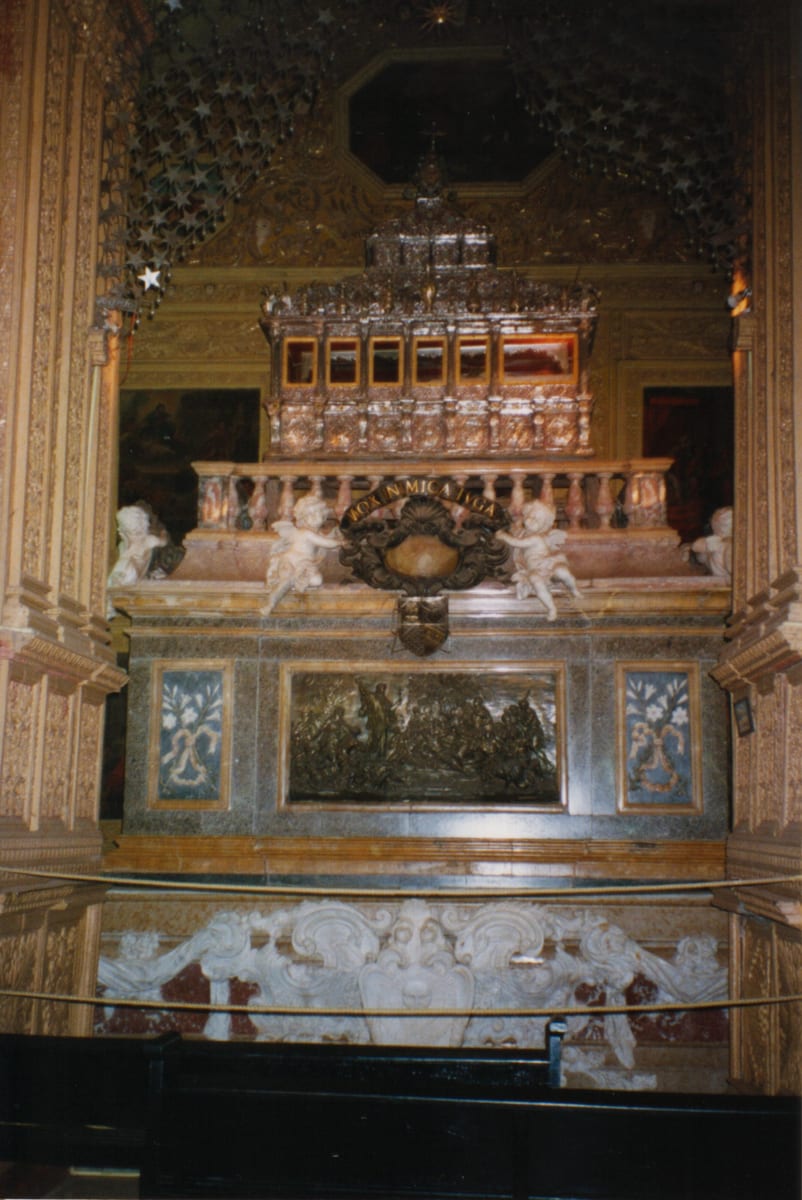 The silver casket holding the body of St. Francis Xavier rests on its mausoleum in the Basilica of Bom Jesus in Goa.