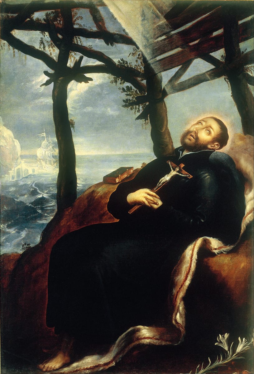 A seventeenth-century painting shows St. Francis Xavier lying in a rough shelter by the sea, holding a crucifix to his chest under a flood of light.