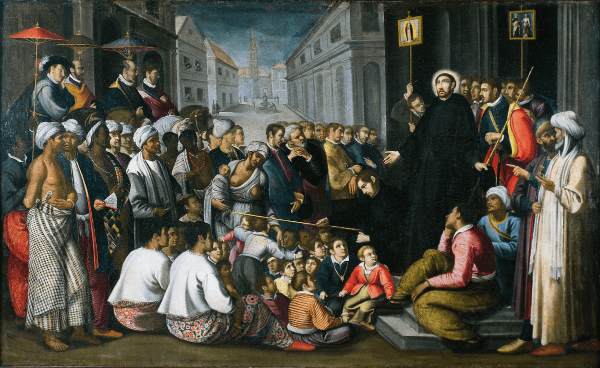 A seventeenth-century painting shows St. Francis Xavier preaching from a raised place to a mixed crowd under parasols in Goa.