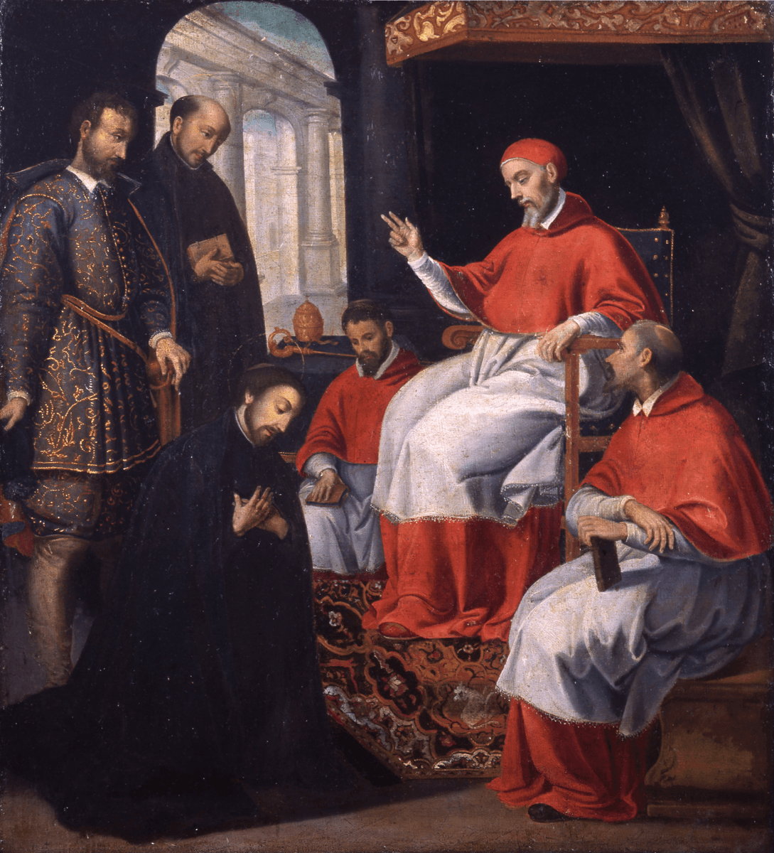 A seventeenth-century painting shows St. Francis Xavier kneeling to receive the Pope's blessing in Rome, with St. Ignatius of Loyola and the Portuguese ambassador standing behind him.