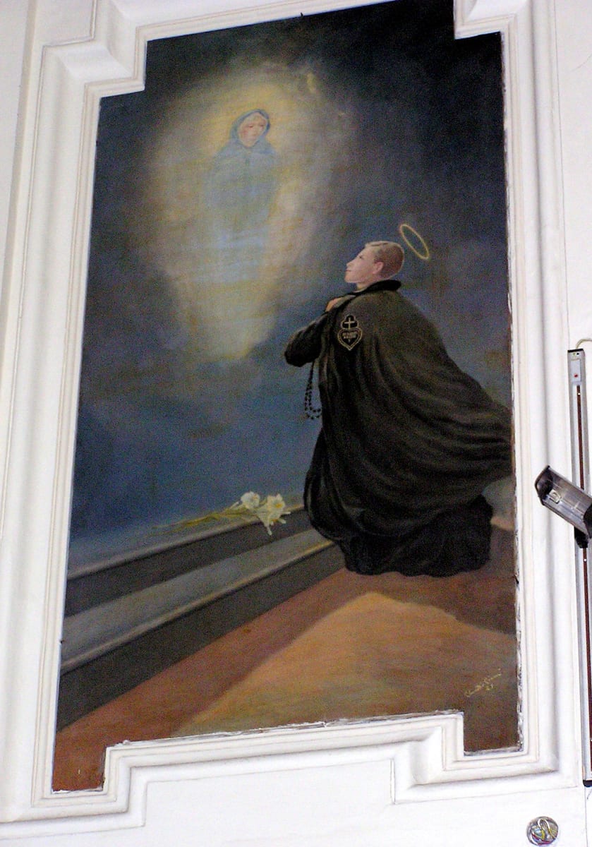 A full-length devotional painting of the saint in the black Passionist habit, with the Sign of the Passion on his breast.