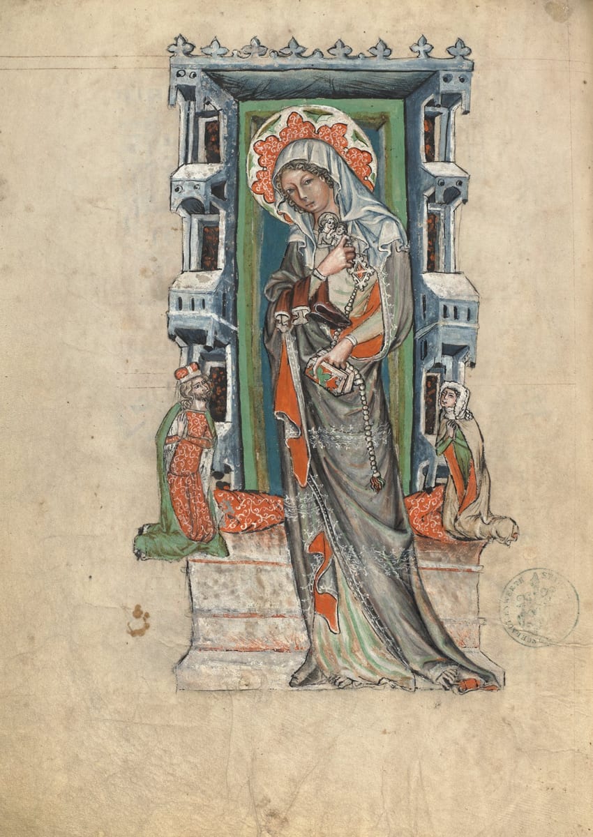 In a medieval manuscript miniature, Saint Hedwig stands veiled and haloed in a Gothic archway, holding a small book, a rosary and her shoes, while a crowned duke and a duchess kneel in prayer at her feet.