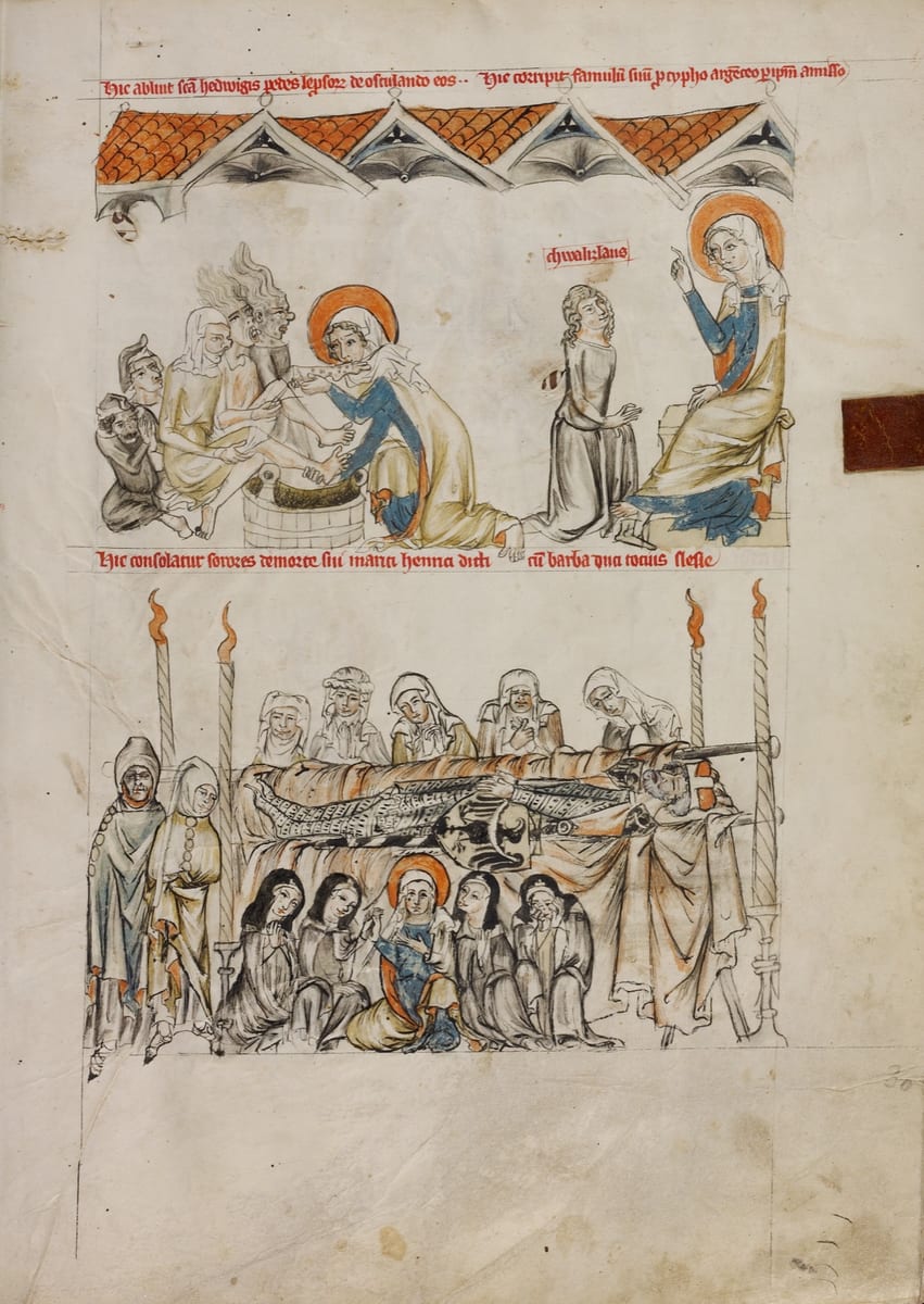 A 1353 AD drawing shows St. Hedwig washing the feet of lepers, and below, seated among weeping nuns beside her husband's bier.