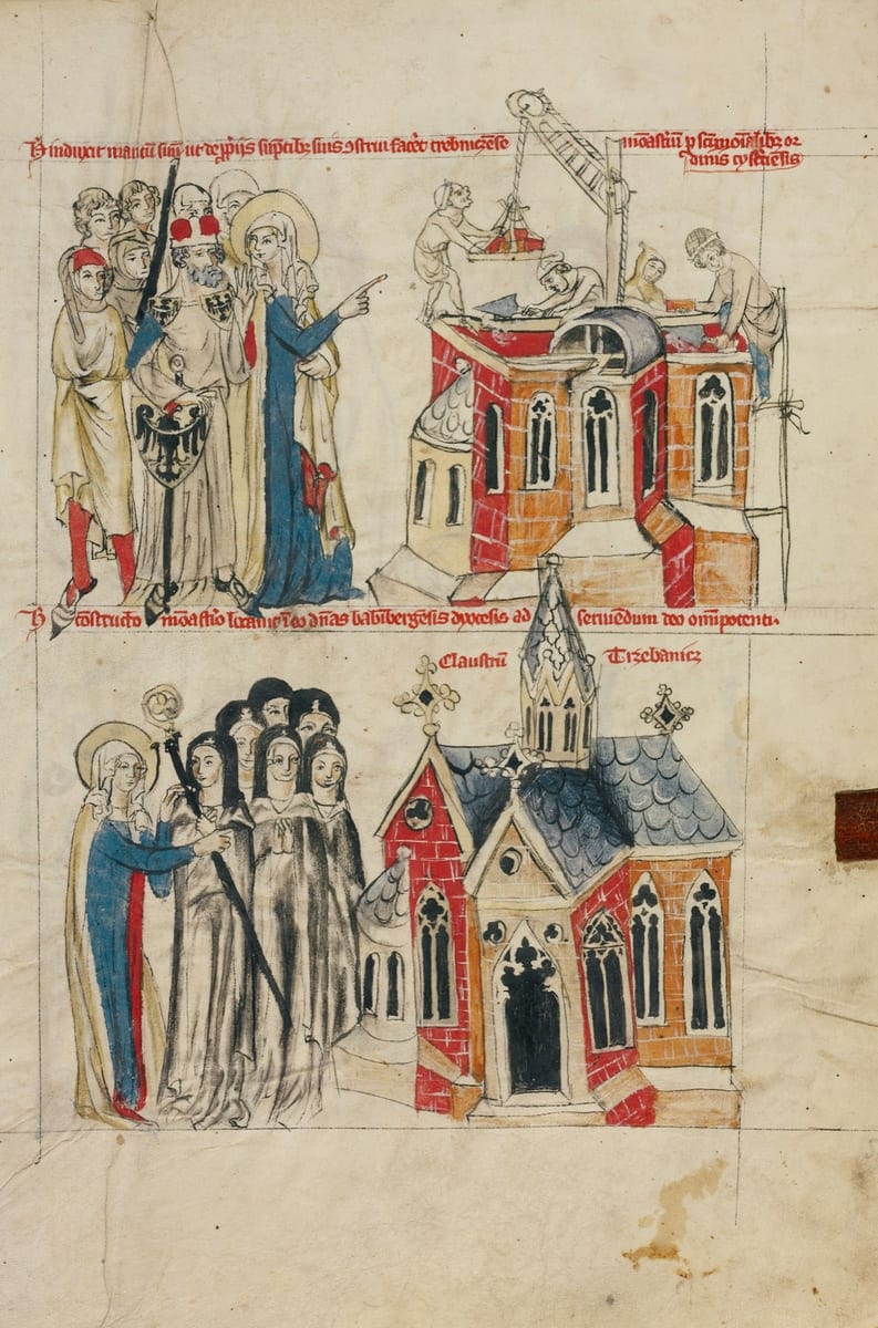 A 1353 AD drawing shows St. Hedwig pointing Duke Henry toward masons building Trebnitz, and below, handing a crozier to the first abbess before the nuns from Bamberg.