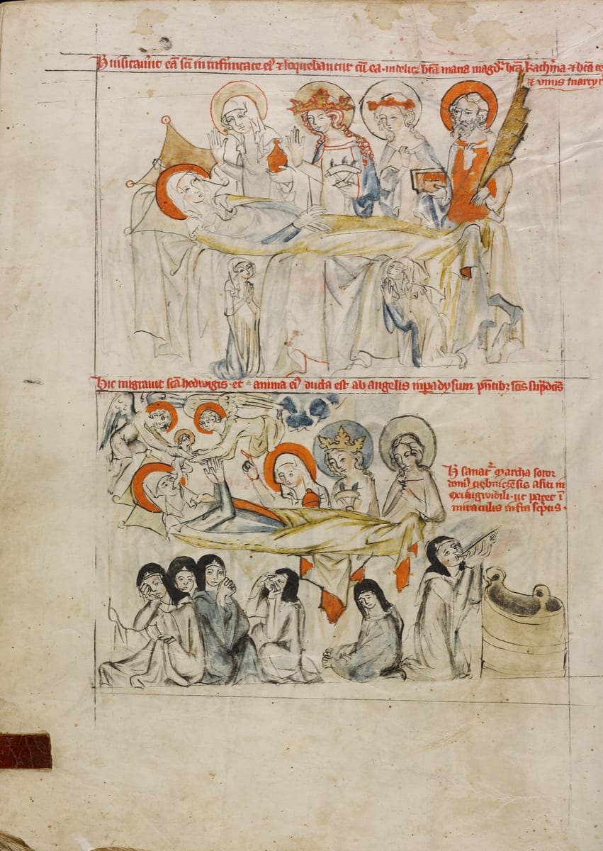 A 1353 AD drawing shows St. Hedwig on her sickbed with saints standing behind it, above a scene of her death.