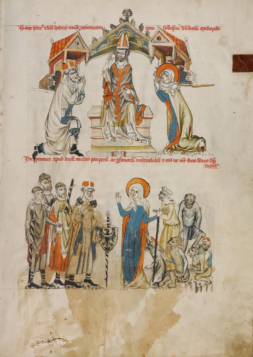 A 1353 AD drawing shows Duke Henry and St. Hedwig kneeling before an enthroned bishop to make their vow, above a scene of her pleading the causes of the poor.