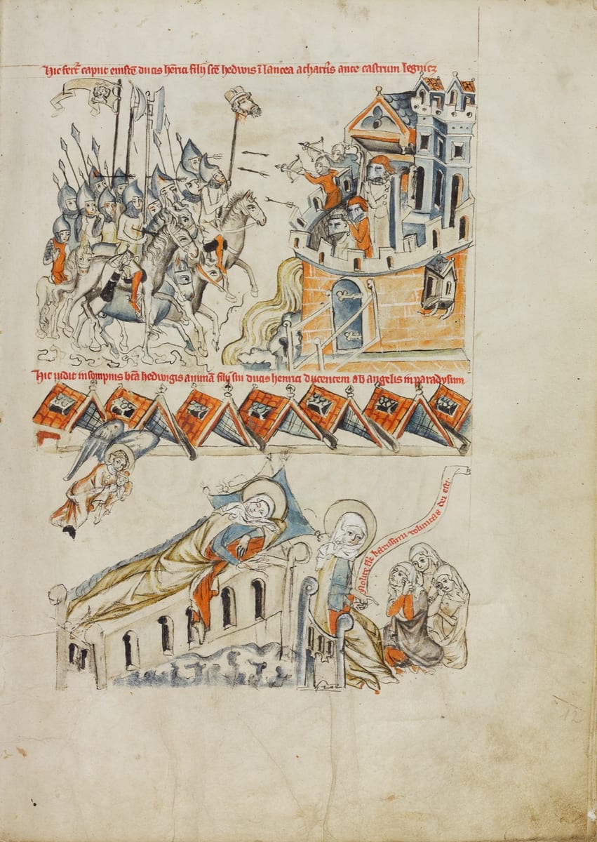 A 1353 AD drawing shows Mongol horsemen carrying Duke Henry II's head on a lance before Legnica castle, and below, St. Hedwig asleep while an angel carries her son's soul upward.