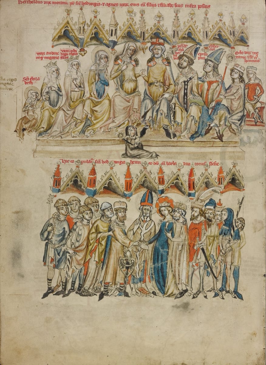 A 1353 AD pen drawing shows St. Hedwig's parents seated among their children, above a scene of her marriage to Henry.