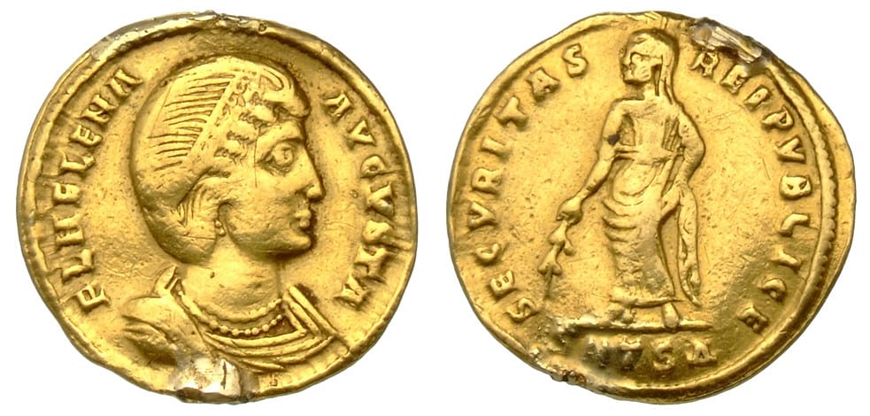A Roman coin struck in 324 AD showing the draped bust of St. Helena Augusta in a jewelled diadem, her name cut around the portrait.