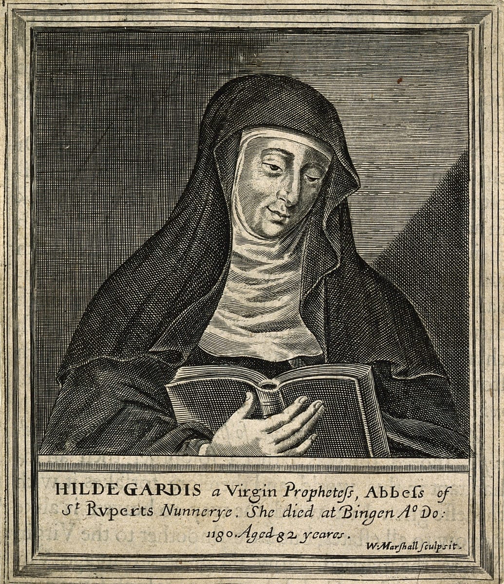 A seventeenth-century line engraving shows St. Hildegard bust-length, her head fully veiled and a wimple across her throat and chin.