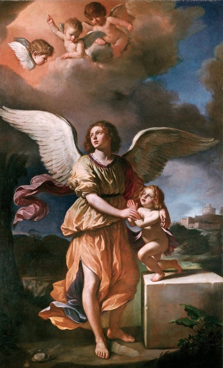 A winged angel in a gold tunic and rose sash walks beside a small naked child standing on a stone block, holding both the child's hands and looking up to a break of light in a stormy sky where three cherubs lean out of the cloud; a hill town in the distance.
