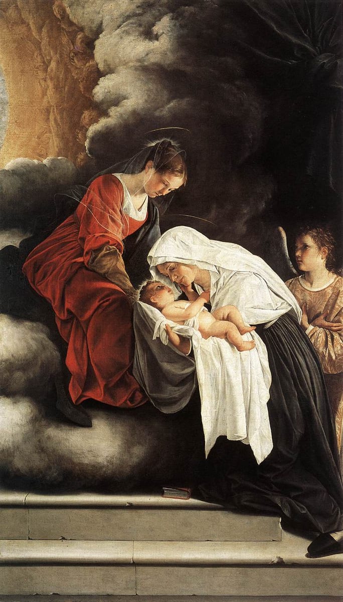 St. Frances of Rome kneels in a black habit and white veil to receive the Christ Child from Our Lady, who leans down from a cloud in a red gown and dark mantle; a young angel in a pale gold tunic stands at the right with hands joined; a book lies on the step.