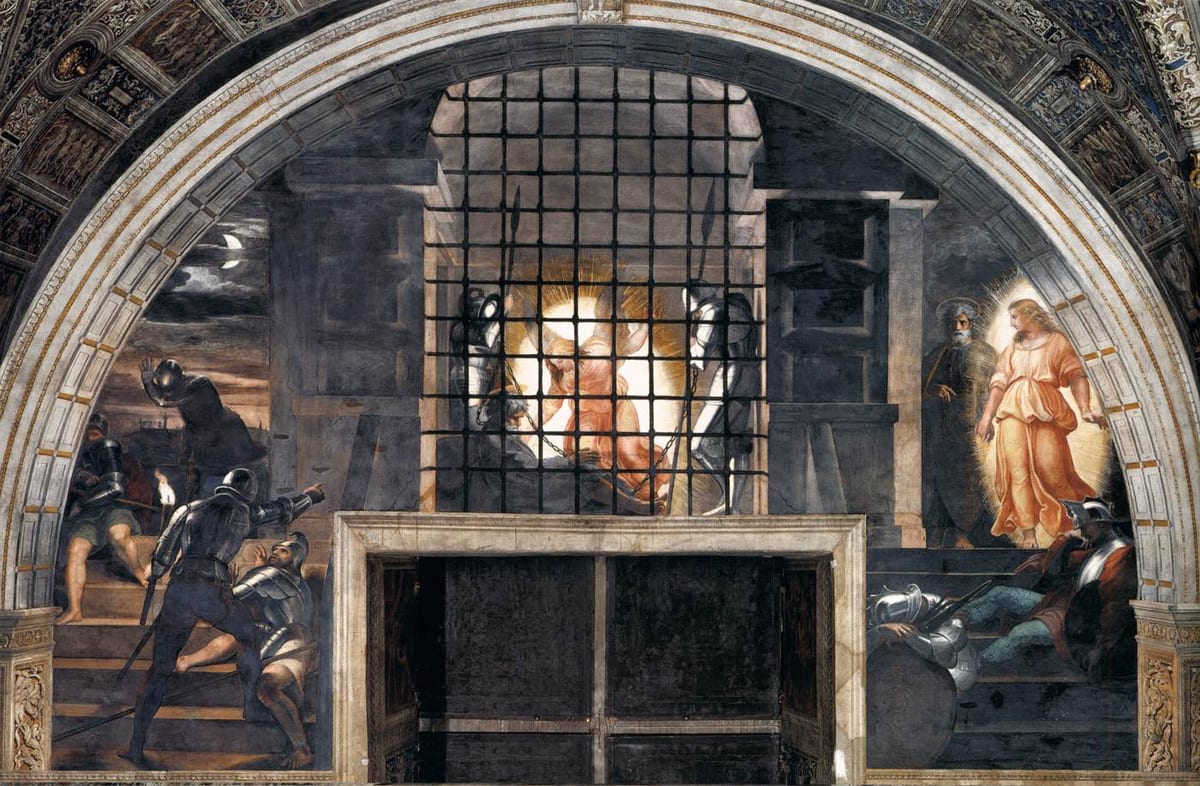 A fresco in which a radiant angel bends over St. Peter asleep in his cell, then leads him by the hand down the steps past sleeping soldiers.