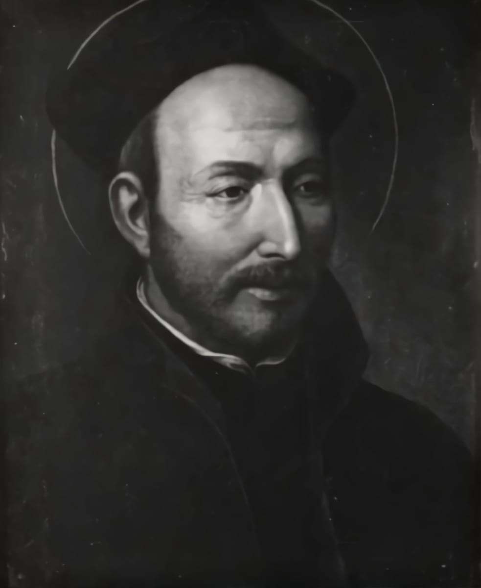 A bald, bearded man in dark clerical dress and skullcap, haloed, gazes to the side in this somber half-length portrait.
