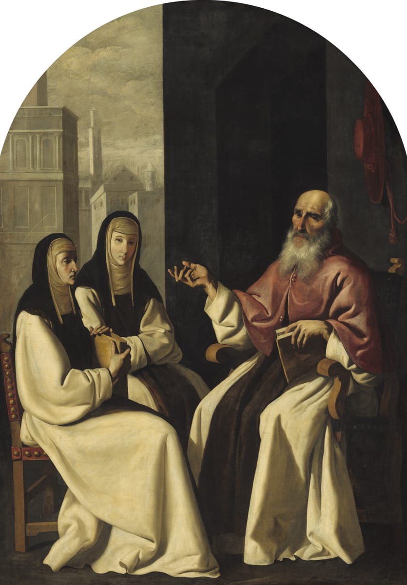 A seventeenth-century painting shows St. Paula and St. Eustochium seated in black habits at left, facing St. Jerome, an old white-bearded man in a red cloak holding a book.