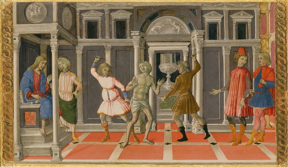 A fifteenth-century Sienese panel shows St. Jerome kneeling before Christ enthroned while angels hold the scourge.