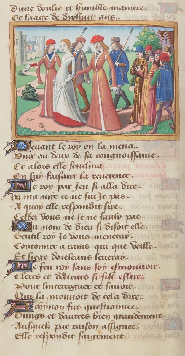 A manuscript illumination shows St. Joan riding astride to Chinon in man's riding dress, a sword at her side, with her escort.