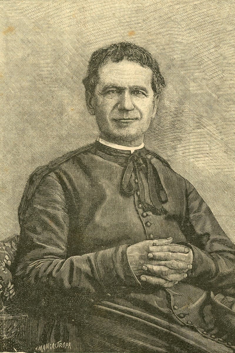 Wood engraving printed in the Milan press in 1888 AD to report his death, showing him seated in an armchair in a cassock with a ribbon bow, hands clasped.