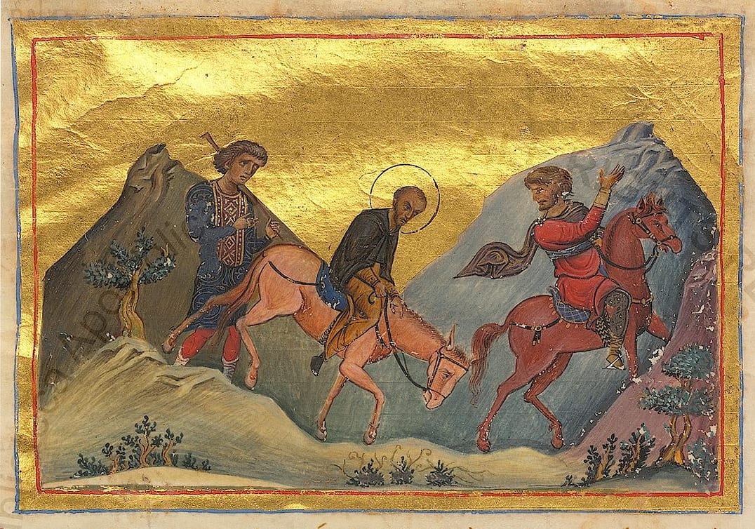 A tenth-century Byzantine manuscript miniature shows Saint John Chrysostom in a white omophorion riding out of Constantinople under armed escort, the city walls behind him on a gold ground.
