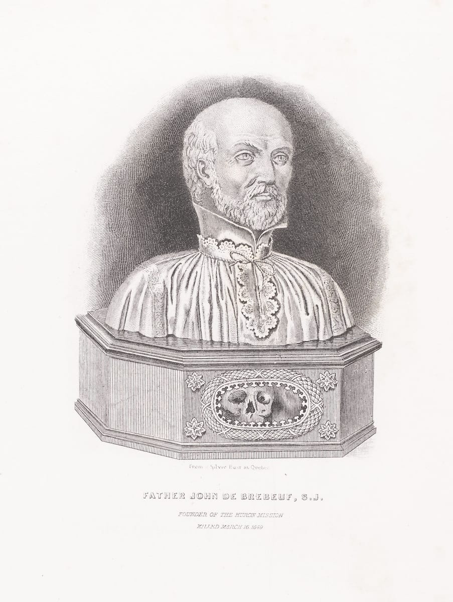 An engraved plate of the silver reliquary bust of St. John de Brébeuf, lettered as founder of the Huron mission.