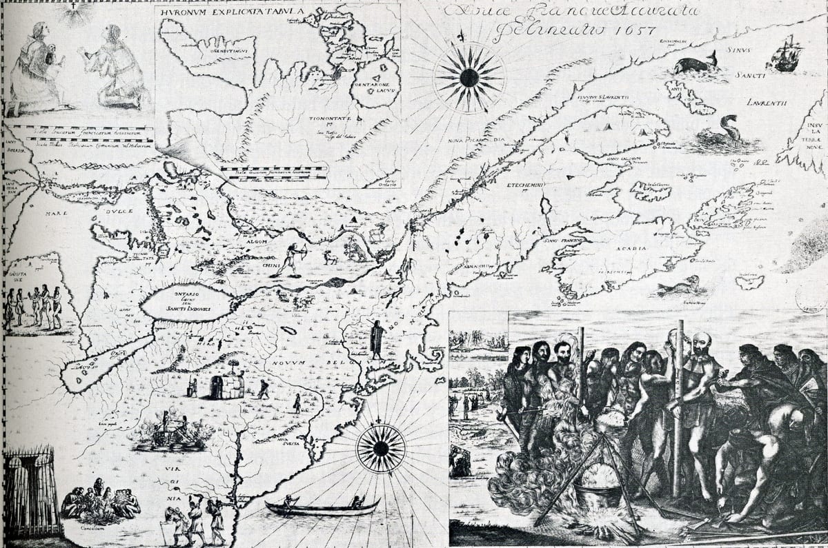 A Jesuit map of New France from 1657 AD showing the St. Lawrence, the Great Lakes and the Huron country.