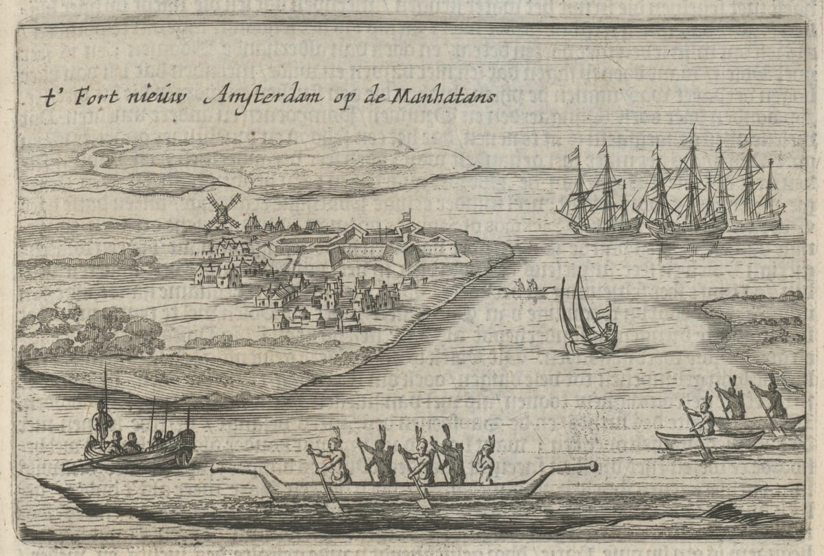 An engraving of Fort Amsterdam on Manhattan, with a windmill, gabled houses along the shore, ships in the harbour and canoes.