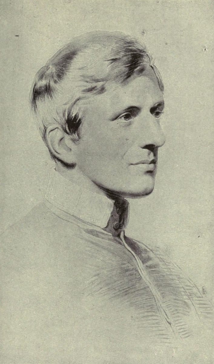 A chalk drawing of John Henry Newman as a young man, shown in profile facing right, with swept-back hair and a thoughtful gaze, wearing a high white collar and a buttoned dark clerical coat.