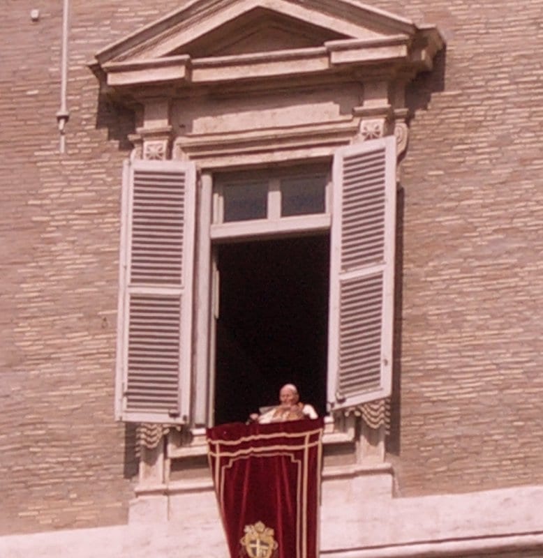St. John Paul II at the window of the Apostolic Palace on Easter Sunday, March 27, 2005 AD, photographed from the square.