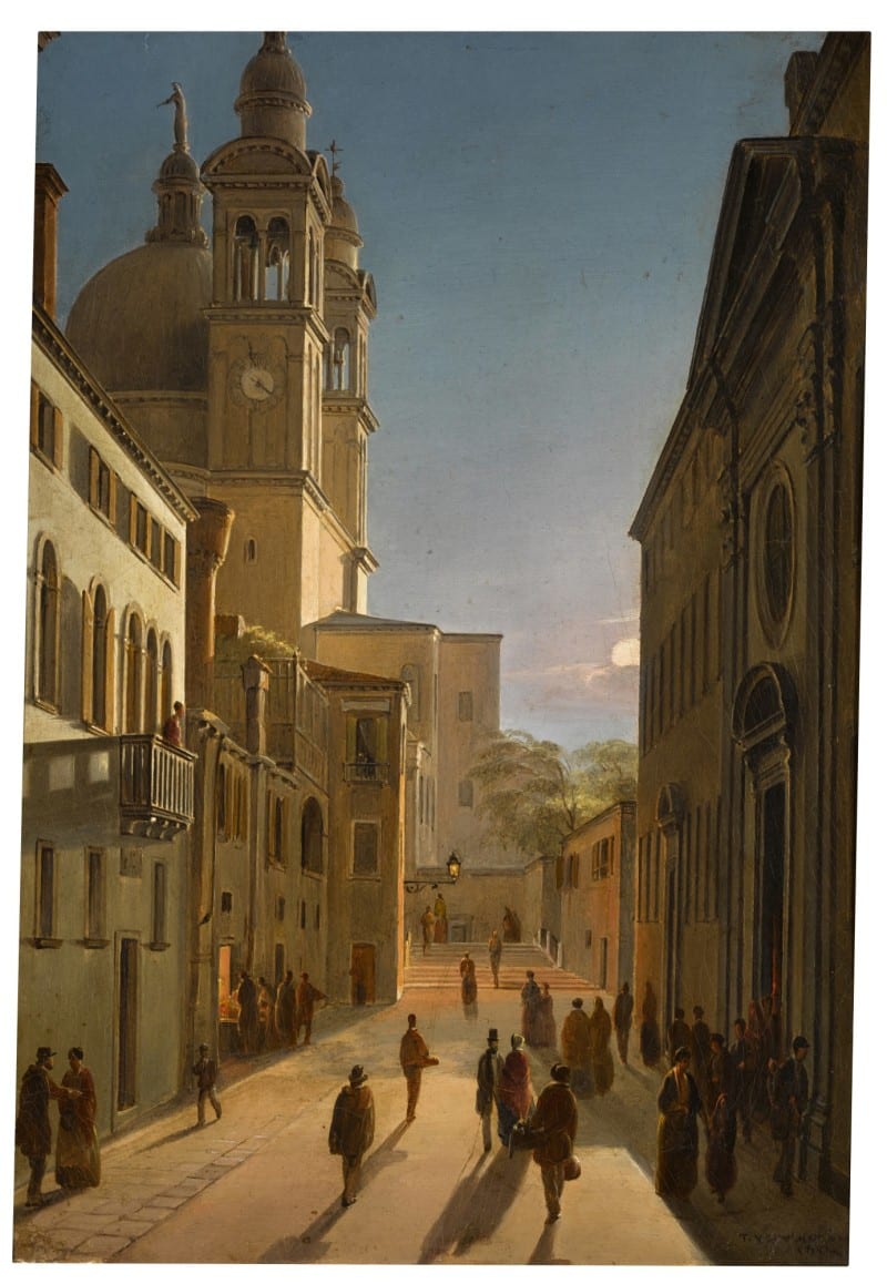 An oil painting of a paved Venetian street in late-afternoon light, with the dome and twin bell towers of Santa Maria della Salute at the far end and passers-by casting long shadows.