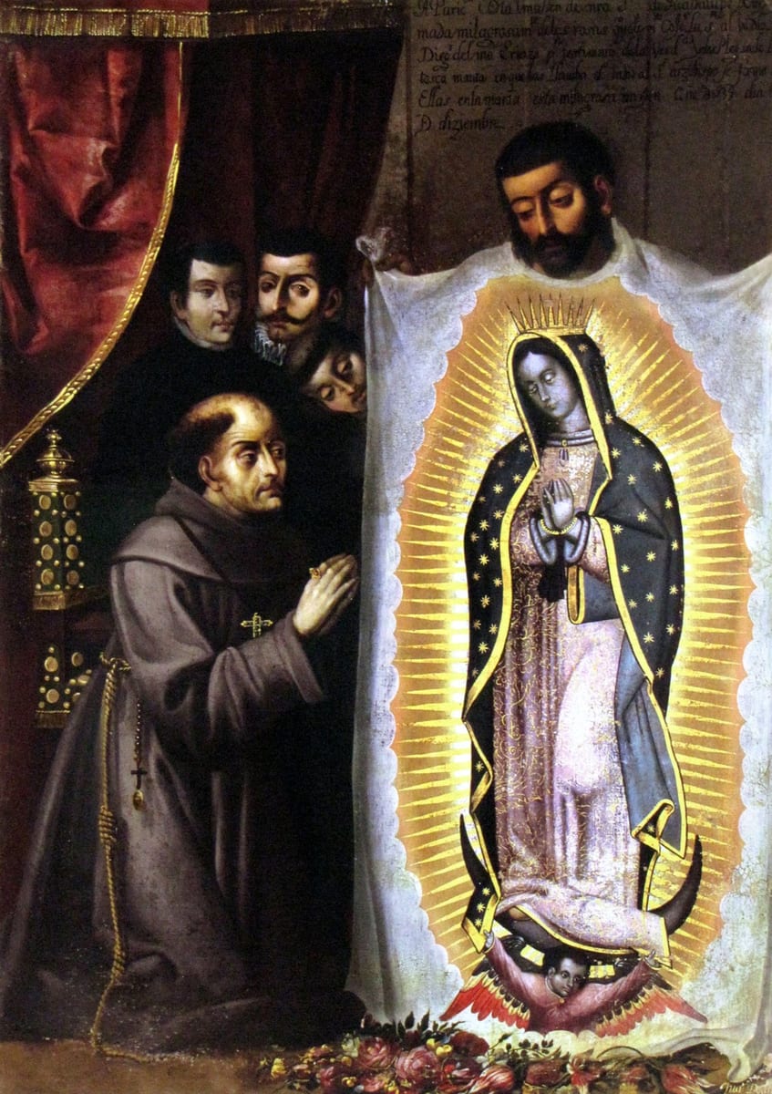 An 18th-century oil painting showing a kneeling Franciscan friar in prayer beside kneeling companions on the left, while on the right a friar holds open a white cloak bearing the miraculous image of Our Lady of Guadalupe, crowned and haloed in golden rays, with an angel and crescent moon at her feet.