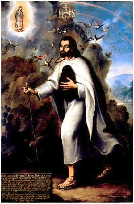 Miguel Cabrera's 1752 AD full-length portrait of an aged St. Juan Diego standing in his white tilma, a staff in his right hand.