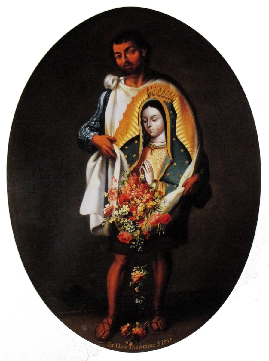 A 1737 AD New Spanish painting of Saint Juan Diego holding open his ayate, the image of the Virgin upon it.