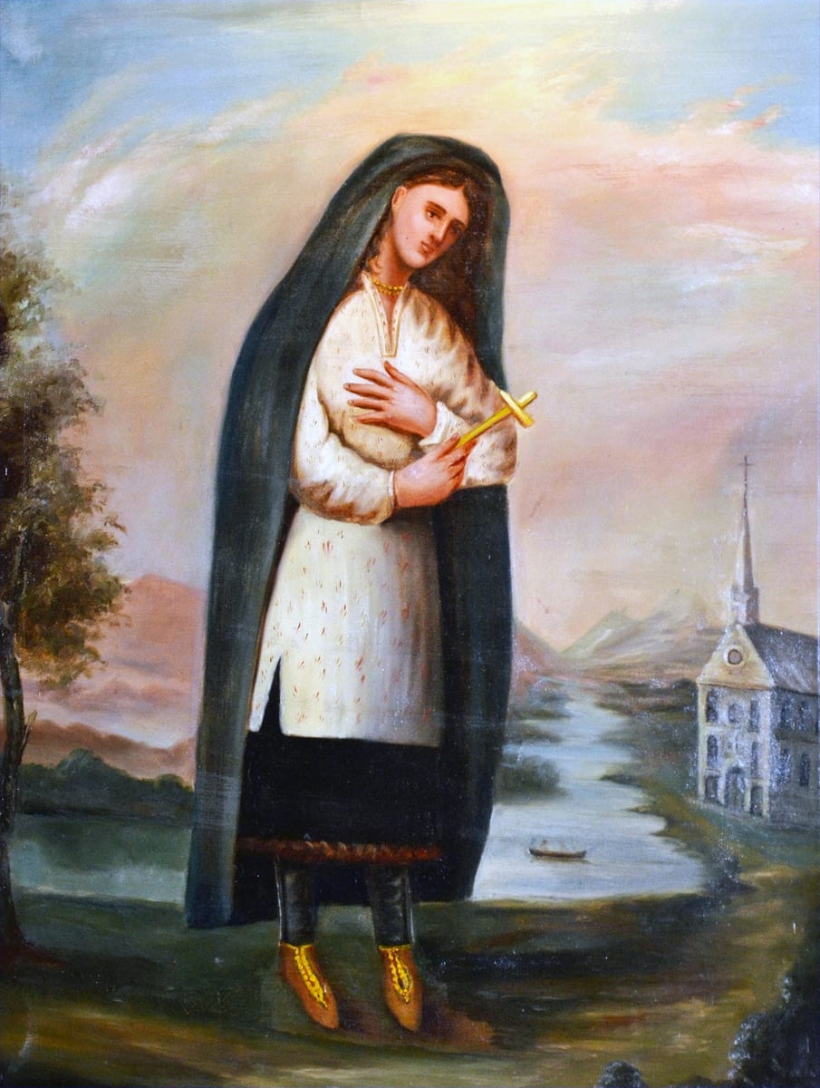 A painting of a young woman standing by a river at sunset, a blue-black blanket over her head and long dark hair on her shoulders.