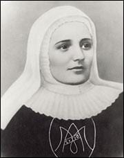 A retouched black-and-white portrait of Mother Laura in her congregation's habit, with a white coif close round her face and a deep pleated white collar.