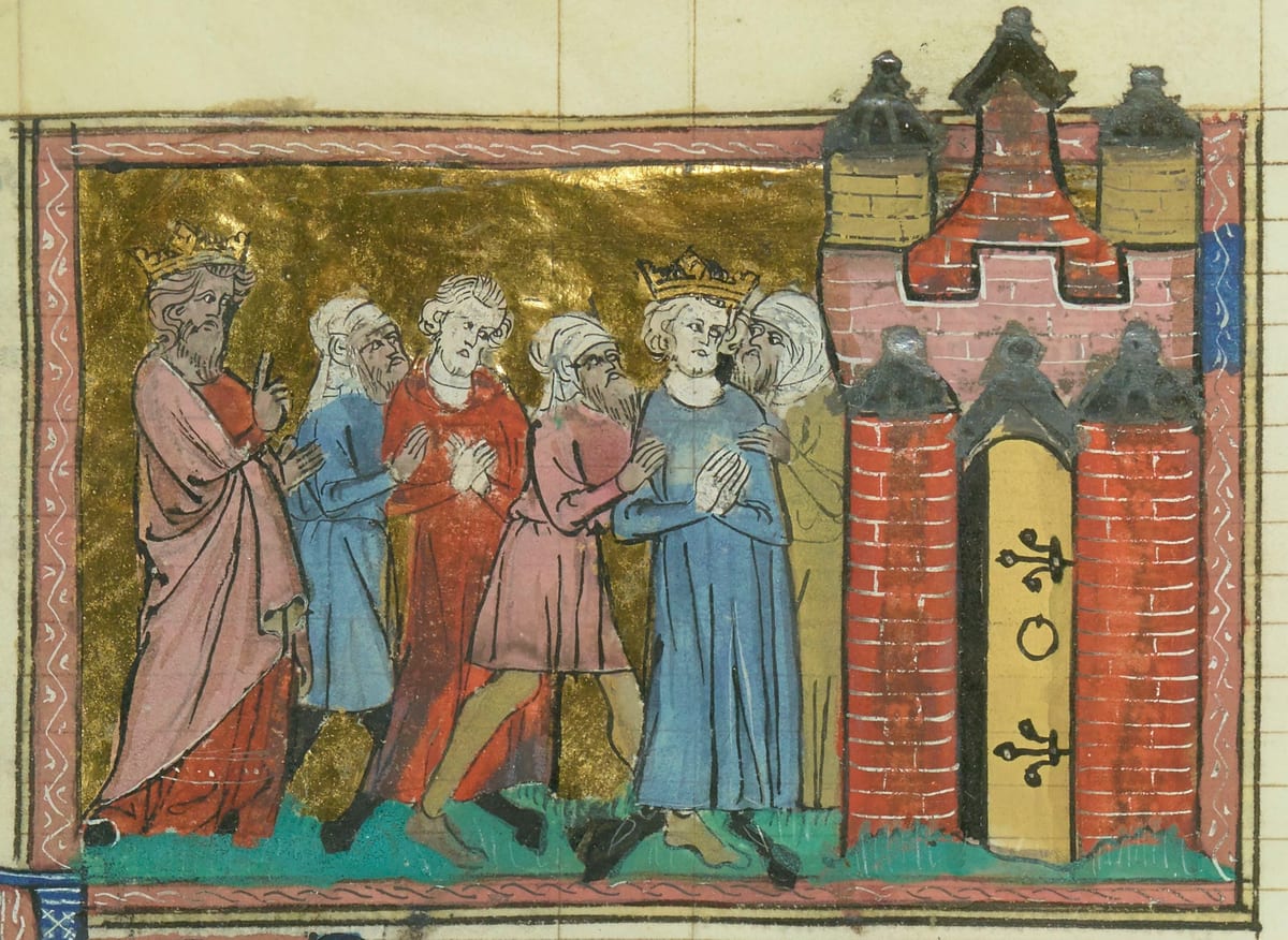 A crowned king with a short fair beard, barefoot in a plain pale-blue robe with his hands crossed, is led by turbaned men toward a red brick gatehouse.