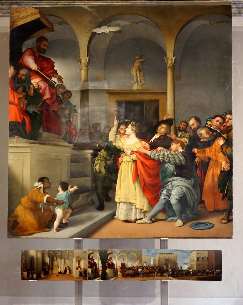 Lorenzo Lotto's altarpiece showing Saint Lucy, haloed and dressed in gold and red, led before a seated judge in a colonnaded hall as soldiers grip her arms and a crowd of onlookers presses around her.