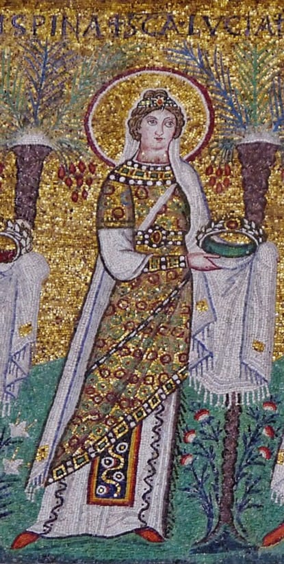 A mosaic of St. Lucy in a jewelled white robe and veil, walking in file against a gold ground and carrying a martyr's crown in cloth-covered hands, with her name lettered above her head.