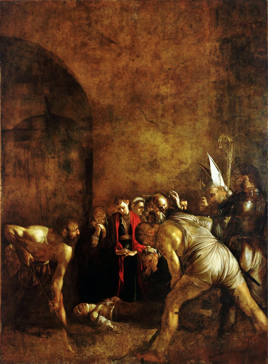 A painting of St. Lucy's burial, her body small and low on the ground beneath a great wall of rock, with two gravediggers digging in the foreground and mourners crowded behind.