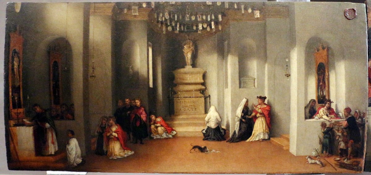 A painted panel showing St. Lucy and her mother Eutychia among a press of pilgrims in an interior above the tomb of St. Agatha, with the mother's healing shown as it happens.