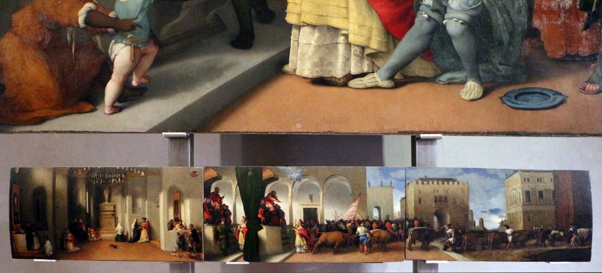 A painted panel showing eight pairs of oxen straining at taut ropes while St. Lucy stands upright and unmoved among them.