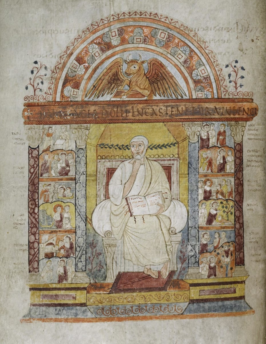 A late sixth-century manuscript portrait of St. Luke enthroned under an arch, with the winged ox above him and small scenes from his Gospel in the side columns.
