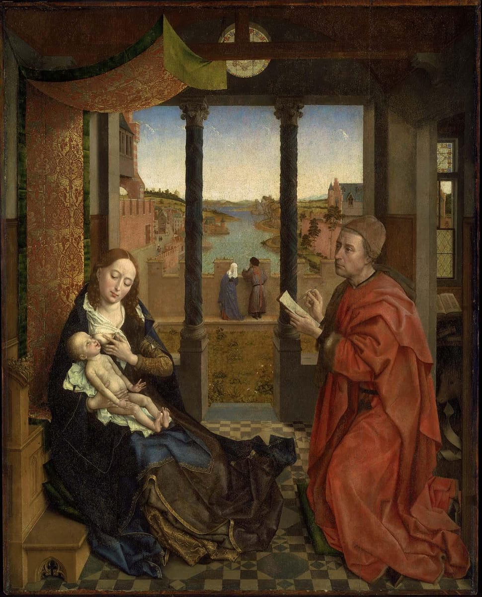 A fifteenth-century Flemish painting of St. Luke kneeling in a red robe and drawing the Virgin Mary as she nurses the Christ Child.