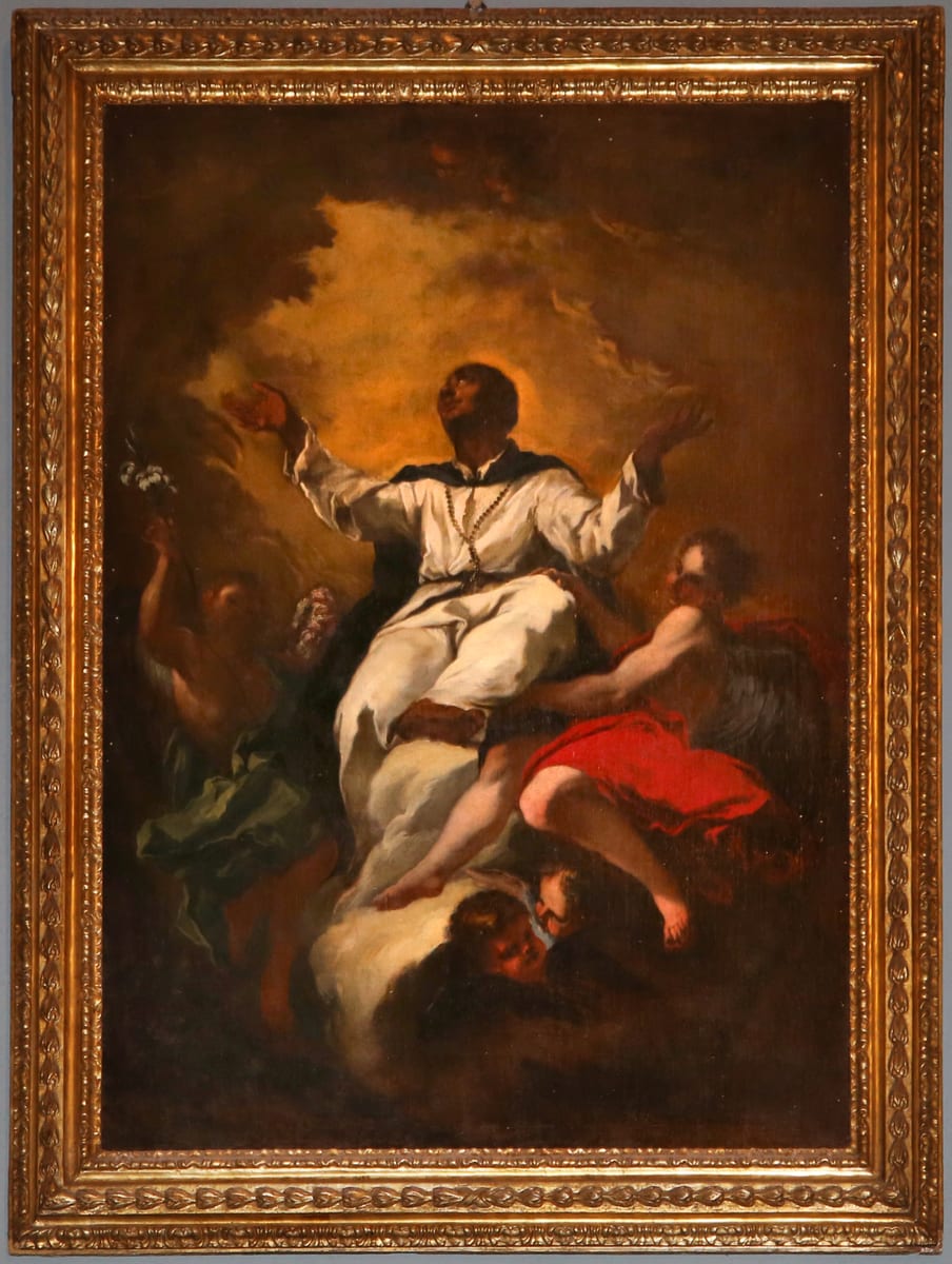 An eighteenth-century painting showing Saint Martin de Porres haloed in glory in the Dominican habit.