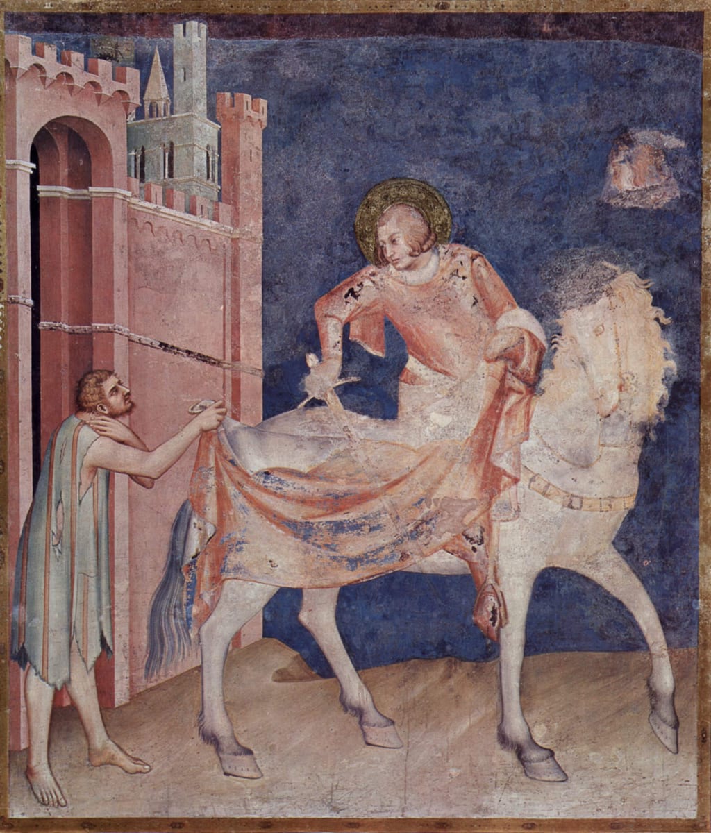 A young mounted soldier turns in the saddle and cuts his cloak with a sword while a barefoot, half-naked beggar reaches up at the horse's head.